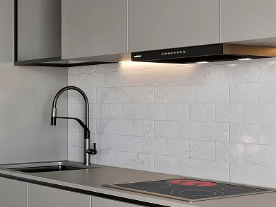 Modern Kitchen With Gray Cabinets White Marble Tile Backsplash Sleek Faucet And Induction Cooktop Countertop 3d model