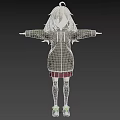 Woman with Long Hair in Gray Jacket Red Plaid Skirt Black Stockings and Arms Outstretched