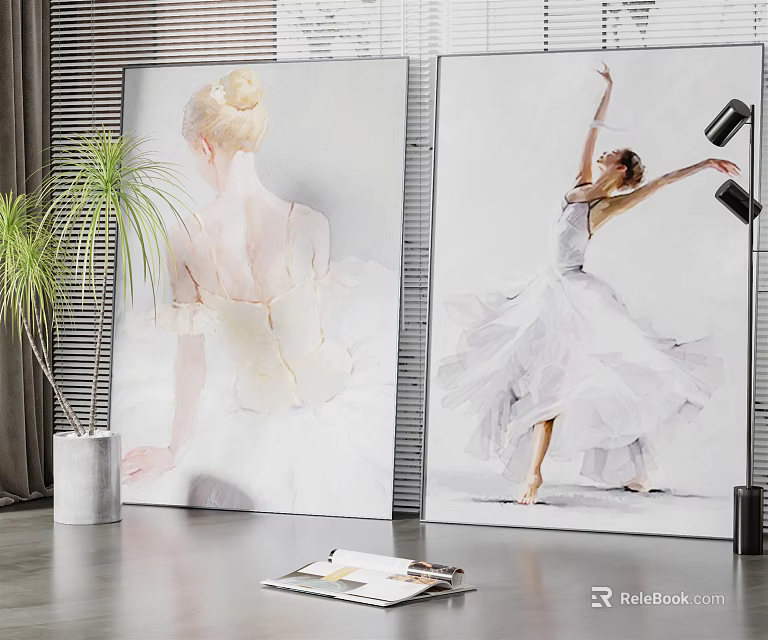 Elegant Ballerina Portrait Paintings Featuring Dancing Pose in White Dress on Wall with Plant 3d model 