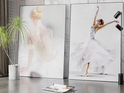 Elegant Ballerina Portrait Paintings Featuring Dancing Pose in White Dress on Wall with Plant 3d model