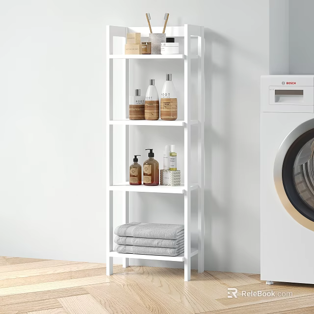 Laundry Room Organizer With White Shelf Holding Towels And Cleaning Products Next To Washing Machine 3d model 