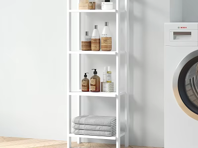 Laundry Room Organizer With White Shelf Holding Towels And Cleaning Products Next To Washing Machine 3d model