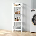 Laundry Room Organizer With White Shelf Holding Towels And Cleaning Products Next To Washing Machine