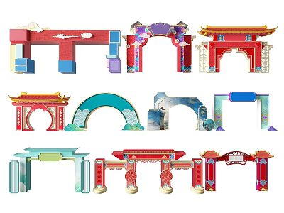 Traditional And Modern Event Doorways With Colorful Arch Designs And Decorative Elements 3d model
