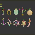 Golden Fashion Accessories Collection Including Key Horseshoe Anchor Ship Wheel And Decorative Pendants