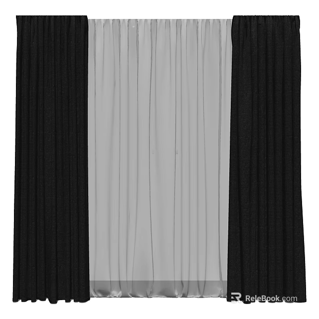 Elegant Black And White Curtains With Vertical Stripes And Pleated Texture For Home Interiors 3d model 