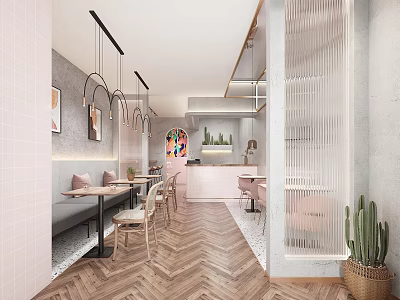 Modern Bubble Tea Shop Interior With Herringbone Wooden Floor Hanging Lights Pink Counter And Cactus Plants 3d model