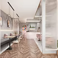 Modern Bubble Tea Shop Interior With Herringbone Wooden Floor Hanging Lights Pink Counter And Cactus Plants