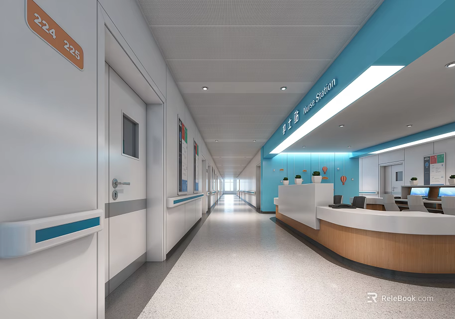 Hospital Outpatient Clinic Corridor With White Doors Blue Walls And Reception Desk Workstations 3d model 