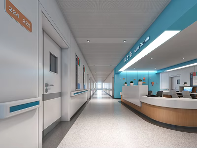 Hospital Outpatient Clinic Corridor With White Doors Blue Walls And Reception Desk Workstations 3d model