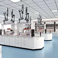 Modern Laboratory Interior With Lab Benches Scientific Equipment And Blue Flooring