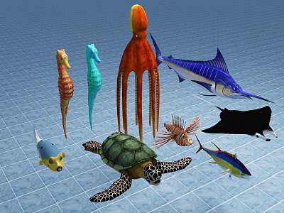 Diverse Aquatic Animals Collection Featuring Seahorses Octopus Swordfish Turtle And Fish 3d model
