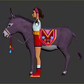Purple Donkey Standing Next To A Person In Colorful Outfit With Arms Outstretched