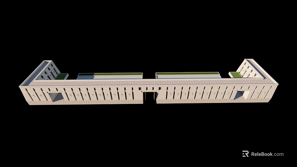 Modern Building Facade With Symmetrical Design Light Colored Exterior Windows And Green Roofs 3d model 