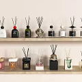 Stylish Fragrance Products Displayed On Wooden Shelves With Various Designs Colors And Reed Diffusers