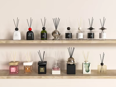 Stylish Fragrance Products Displayed On Wooden Shelves With Various Designs Colors And Reed Diffusers 3d model