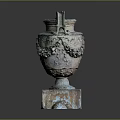 Ancient Stone Ornamental Urn With Intricate Decorative Carvings And Square Pedestal