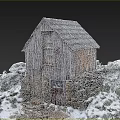 Rustic Wooden House Featuring Snow Covered Roof And Stone Walls Amidst Snowy Rocks