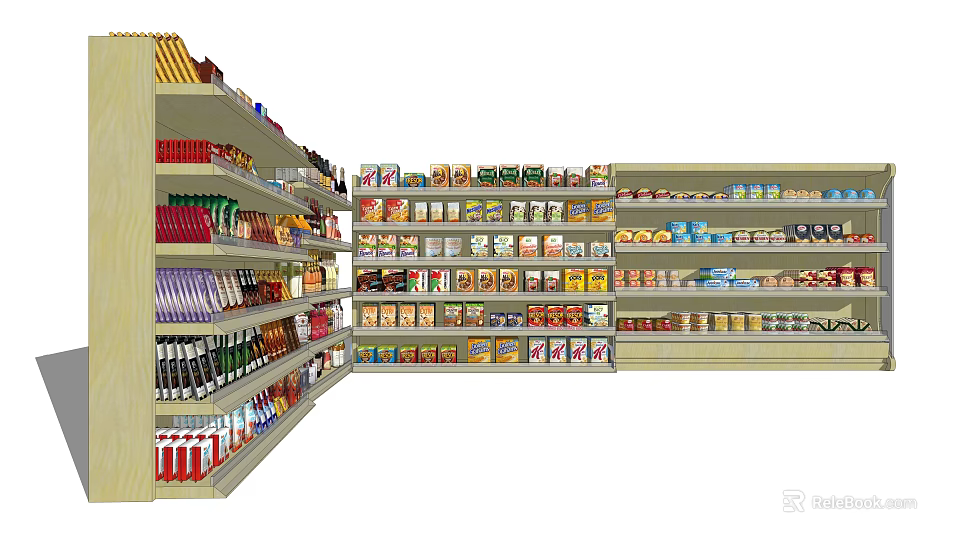 Well Organized Retail Display Shelves Stocked With Food Drinks And Canned Goods 3d model 