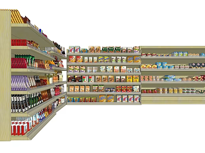 Well Organized Retail Display Shelves Stocked With Food Drinks And Canned Goods 3d model