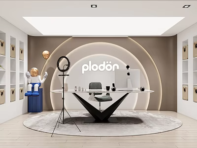 Public Office Space Interior With Plodön Circular Design White Table Black Chair Blue Cabinet Shelves 3d model