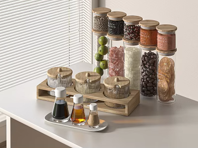 Condiment Bottles Arranged In Kitchen Countertop Setup With Storage Jars 3d model