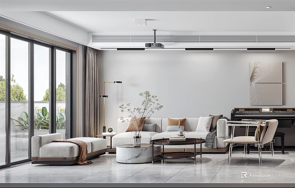 Modern Simple Living Room Interior With Sofa Coffee Table Large Windows And Curtains 3d model