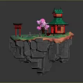 Red Traditional Building With Green Roof On Floating Island Torii Gate And Pink Tree