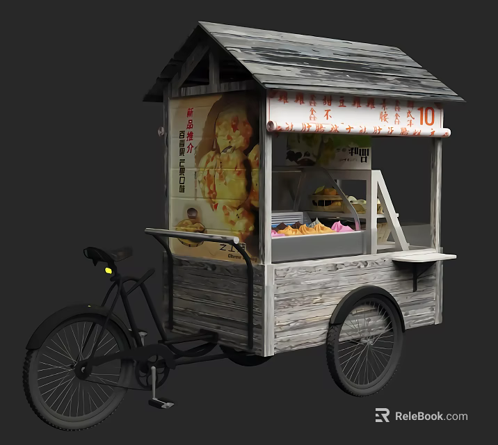Mobile Food Cart With Wooden Structure Awning Display Window And Bicycle Wheels 3d model 