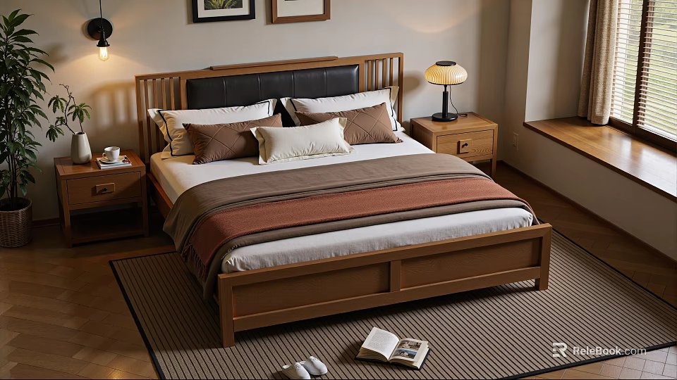 Cozy Bedroom Interior With Wooden Bed Black Leather Headboard Pillows Striped Blanket And Bedside Lamp 3d model 