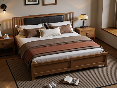 Cozy Bedroom Interior With Wooden Bed Black Leather Headboard Pillows Striped Blanket And Bedside Lamp 3d model