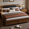 Cozy Bedroom Interior With Wooden Bed Black Leather Headboard Pillows Striped Blanket And Bedside Lamp