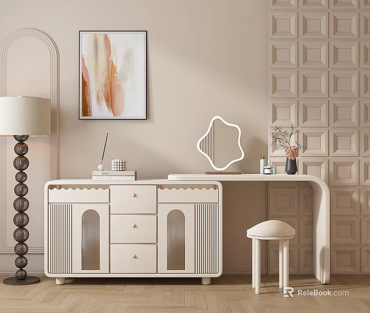 Elegant Dressing Table Design With Mirror Stool Table Lamp Decorative Painting And Patterned Wall 3d model 