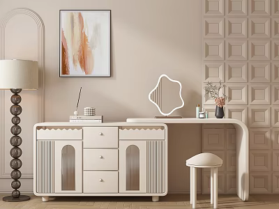 Elegant Dressing Table Design With Mirror Stool Table Lamp Decorative Painting And Patterned Wall 3d model