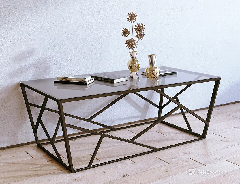 Modern Geometric Metal Coffee Table with Smooth Top Books Vase Candle Holders on Wooden Floor 3d model 