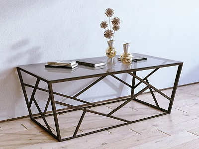 Modern Geometric Metal Coffee Table with Smooth Top Books Vase Candle Holders on Wooden Floor 3d model