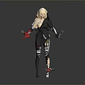 Futuristic Game and Movie Character with Blonde Hair Black Outfit Red Accents and Mechanical Legs