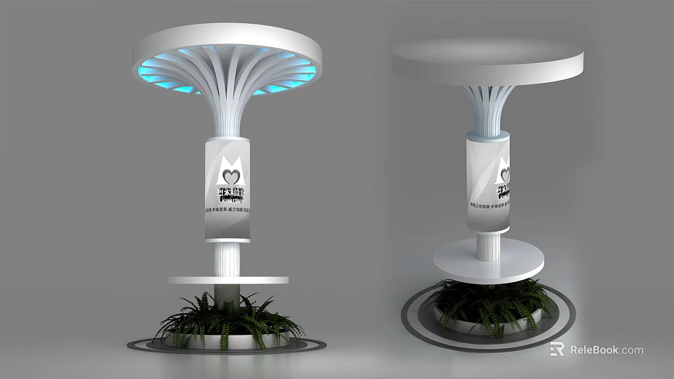 Modern Decorative Pillars With Blue Lit Canopy Central Logo And Greenery At Base 3d model 