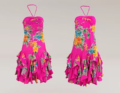 Pink Floral Halter Neck Dresses With Ruffled Hem And Tropical Flower Patterns 3d model