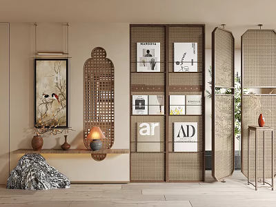 Woven Openwork Room Divider In Modern Interior With Artworks And Wooden Floor 3d model