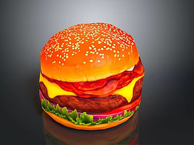 Delicious Burger With Sesame Seed Bun Cheese Bacon Lettuce Tomato And Beef Patty 3d model