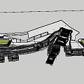 Modern Commercial Street With Outdoor Seating Umbrellas Pedestrian Walkway Terraces And Greenery