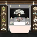 Elegant Interior Display of Traditional Fans and Plates on Wooden Shelves