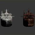 Modern Cargo Ship and Rusted Old Ship Models Displayed on Dark Surface 3d model