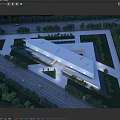 Modern Cultural Center Building With Flat Roof Open Plaza Greenery And Night Lighting