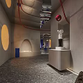 Modern Interior Space With Blue Bar Stools Moon Decoration Red Blue Curves And Gray Walls