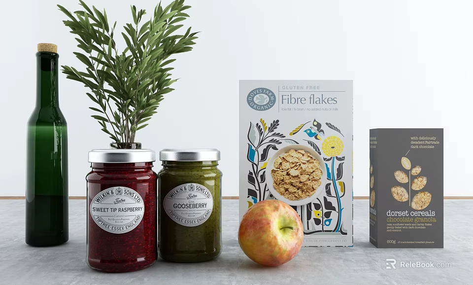 Assorted Breakfast Food Items With Fibre Flakes Cereal Jams Apple and Olive Oil 3d model 