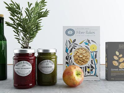 Assorted Breakfast Food Items With Fibre Flakes Cereal Jams Apple and Olive Oil 3d model