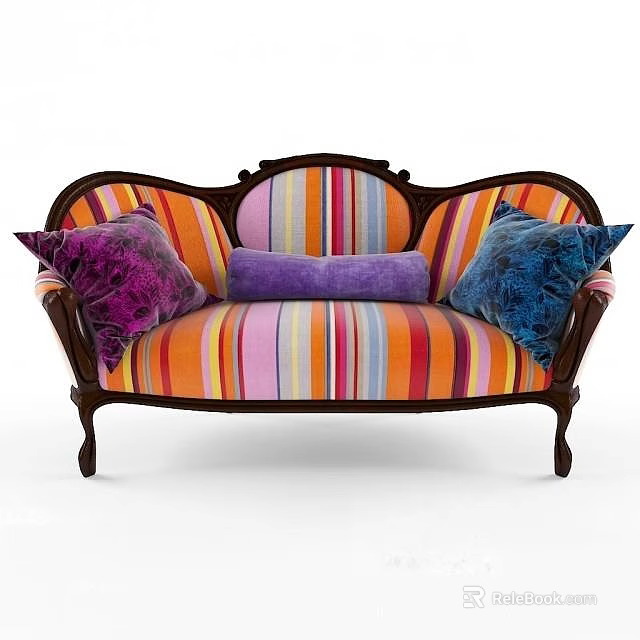 Colorful Striped Two Seater Sofa with Dark Wooden Carved Frame and Purple Blue Cushions 3d model 