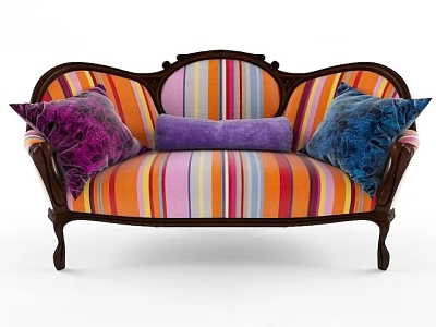 Colorful Striped Two Seater Sofa with Dark Wooden Carved Frame and Purple Blue Cushions 3d model